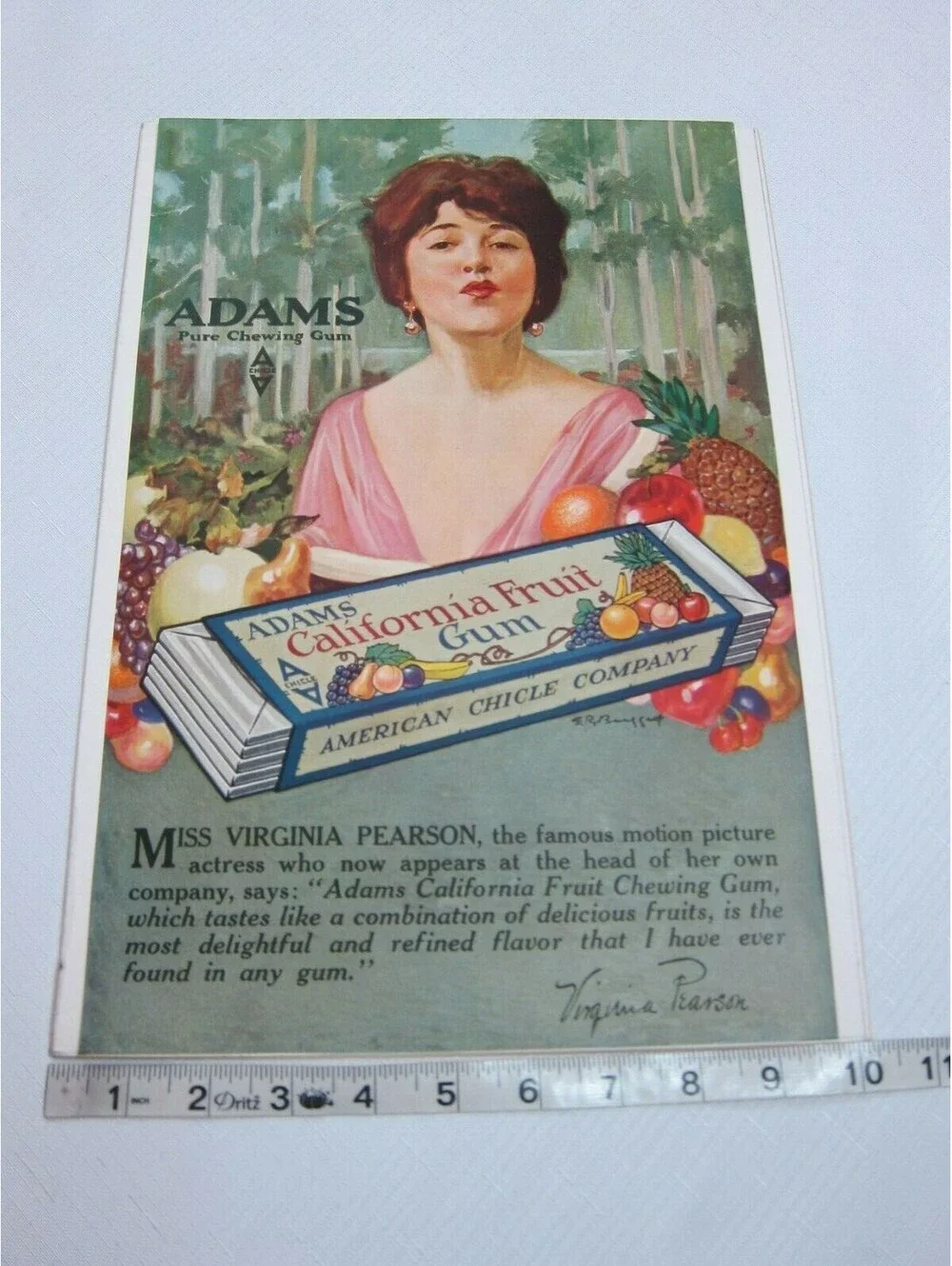 Antique 1919 Adams California Fruit Gum Ad Movie Star Virginia Pearson 14 x 9.5